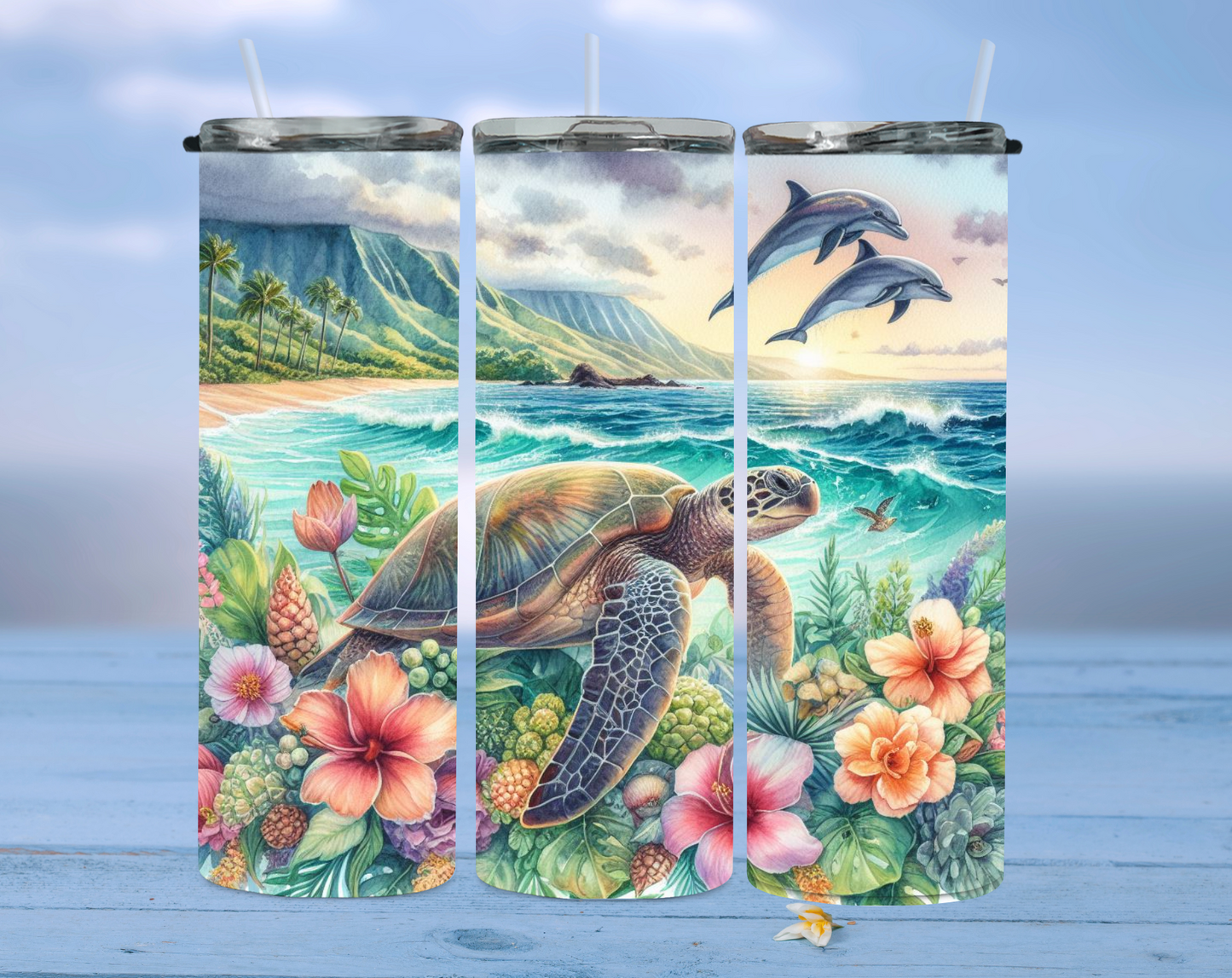 Sea turtle with flowers and dolphins