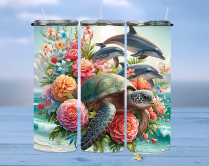 Sea turtles with flowers and jumping dolphins